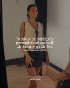 Text reads "Found cute, comfortable, chic new wardrobe additions that fit who I am now, not who I was. (and got killer deals on all of it)" over a photo of a girl trying on an outfit in a fitting room mirror