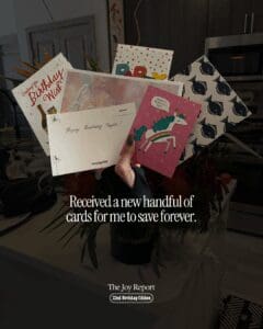 text reads "Received a new handful of cards for me to save forever." over a bunch of greeting cards